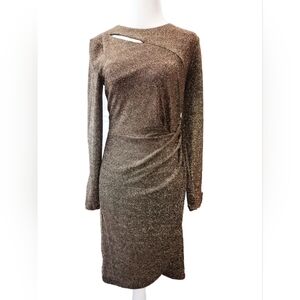 NWT DKNY Long Sleeve Knit Cut Out Sheath metallic gold women’s Size 4